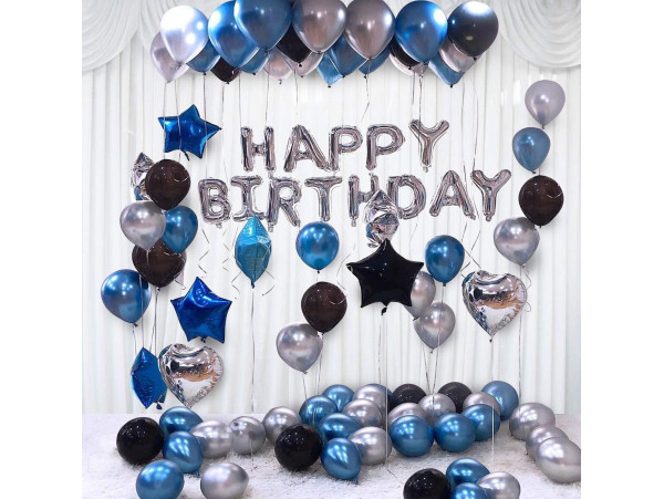 Happy Birthday Balloons Decoration Kit 43Pcs Set for Husband Kids Boys Balloons Decorations Items Combo with Helium Letters Foil Balloon Banner, Latex Metallic Balloons